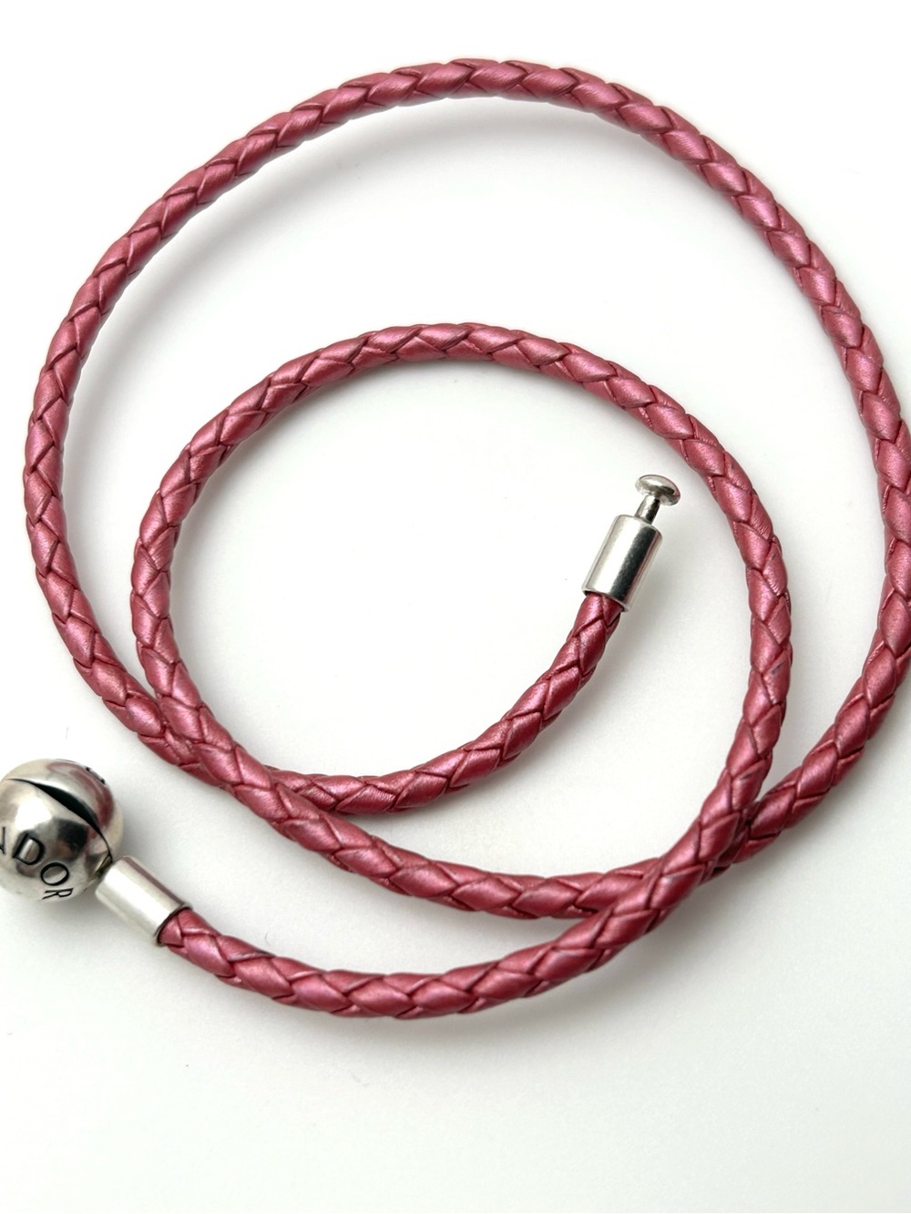 Pandora Pink Braided Leather Necklace or Wrap Bracelet with Sterling Clasp